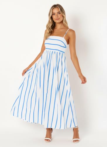 yoeasy Women's Striped Spaghetti Strap Cutout Maxi Dress Sleeveless Backless Flowy Swing Long Dress (X-Large, Wide Blue White) - Image 5