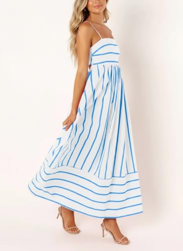 yoeasy Women's Striped Spaghetti Strap Cutout Maxi Dress Sleeveless Backless Flowy Swing Long Dress (X-Large, Wide Blue White) - Image 4