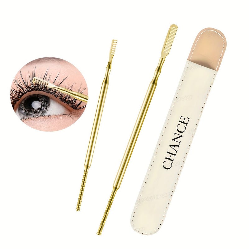 Golden Stainless Steel Double Ended Eyelash Comb With Leather Case - Image 1