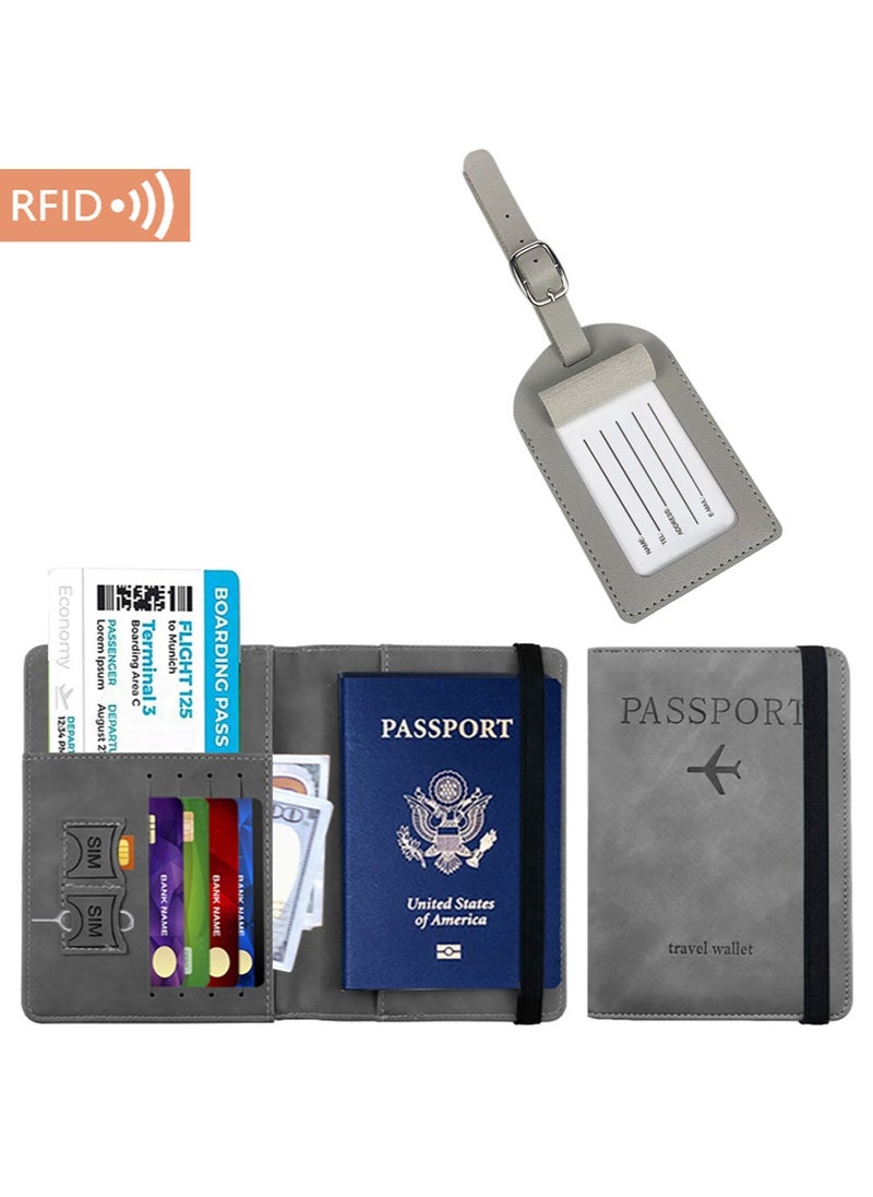 Beauenty Passport Holder With Luggage Tag Cover Wallet RFID Blocking Leather Case Travel Essentials Accessories Travel Must Have(Grey)  - Image 1