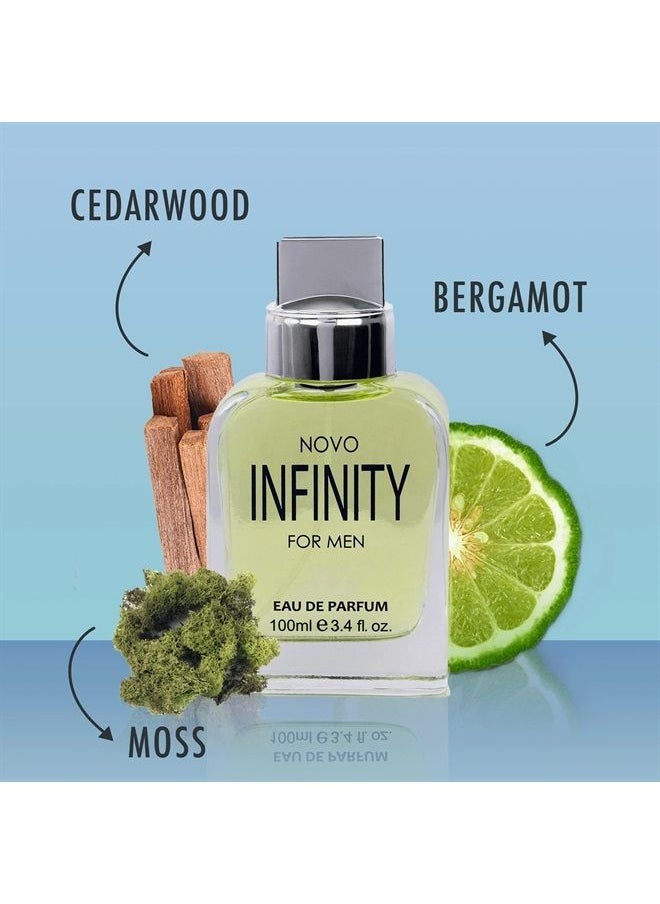 NovoGlow - Novo Infinity for Men - 3.4 Fluid Ounce Eau De Parfum Spray for Men - Refreshing Citrusy & Floral Top Notes with Subtle Woody Undertones Smell Fresh All Day Long Gift for Men for All Occasions - Image 1