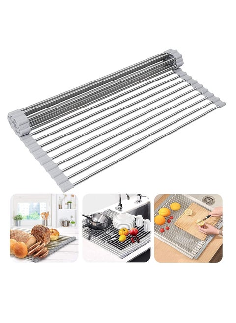 Roll Up Dish Drying Rack, Stainless Steel Over The Sink Drainer Rack with Roller Shutter Design, Foldable Sink Rack for Kitchen Sink Counter (Grey)