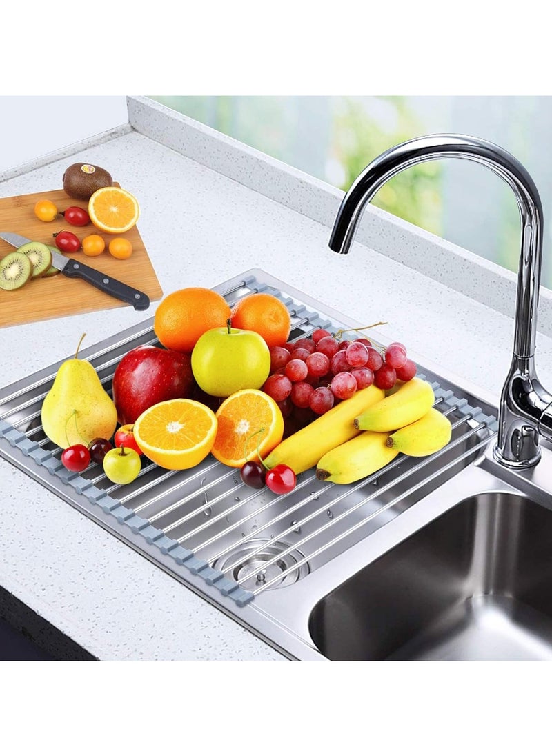 Roll Up Dish Drying Rack, Stainless Steel Over The Sink Drainer Rack with Roller Shutter Design, Foldable Sink Rack for Kitchen Sink Counter (Grey)