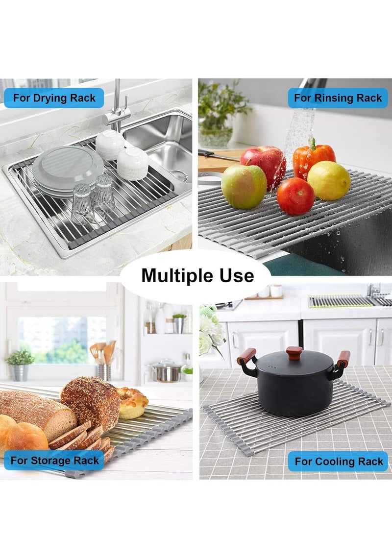 Roll Up Dish Drying Rack, Stainless Steel Over The Sink Drainer Rack with Roller Shutter Design, Foldable Sink Rack for Kitchen Sink Counter (Grey)