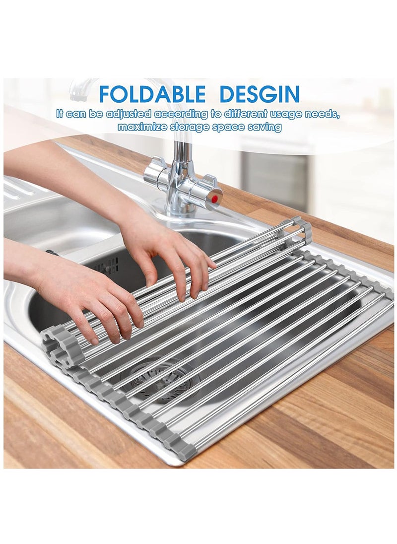 Roll Up Dish Drying Rack, Stainless Steel Over The Sink Drainer Rack with Roller Shutter Design, Foldable Sink Rack for Kitchen Sink Counter (Grey)