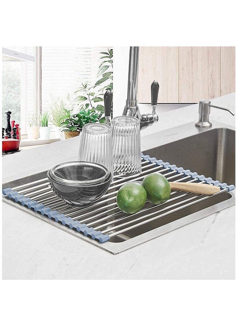 Roll Up Dish Drying Rack, Stainless Steel Over The Sink Drainer Rack with Roller Shutter Design, Foldable Sink Rack for Kitchen Sink Counter (Grey)