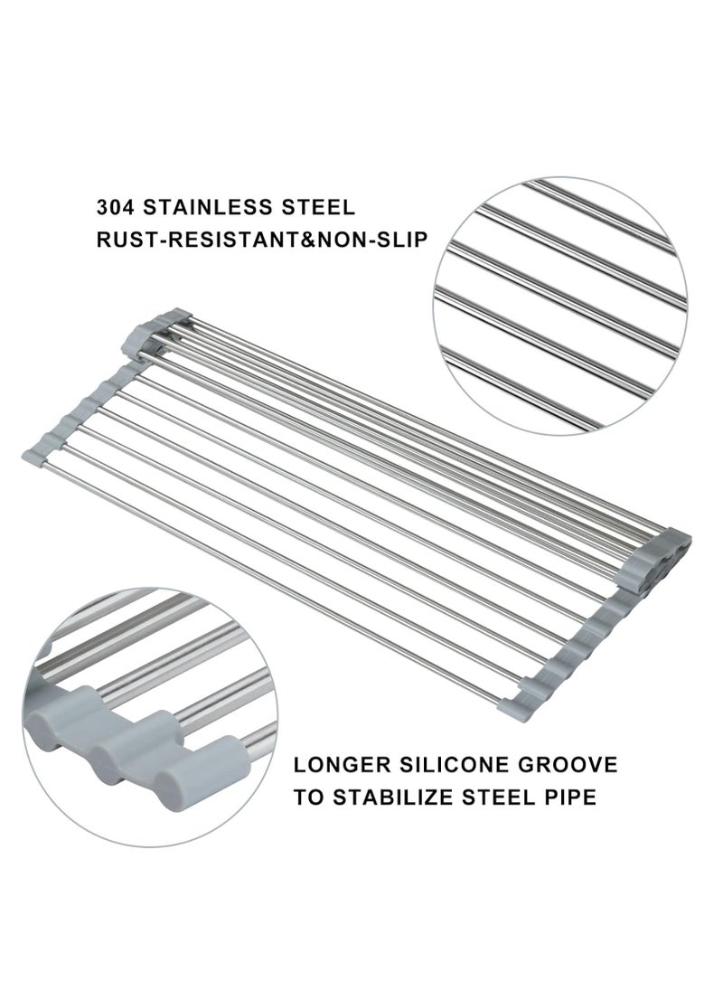 Roll Up Dish Drying Rack, Stainless Steel Over The Sink Drainer Rack with Roller Shutter Design, Foldable Sink Rack for Kitchen Sink Counter (Grey)