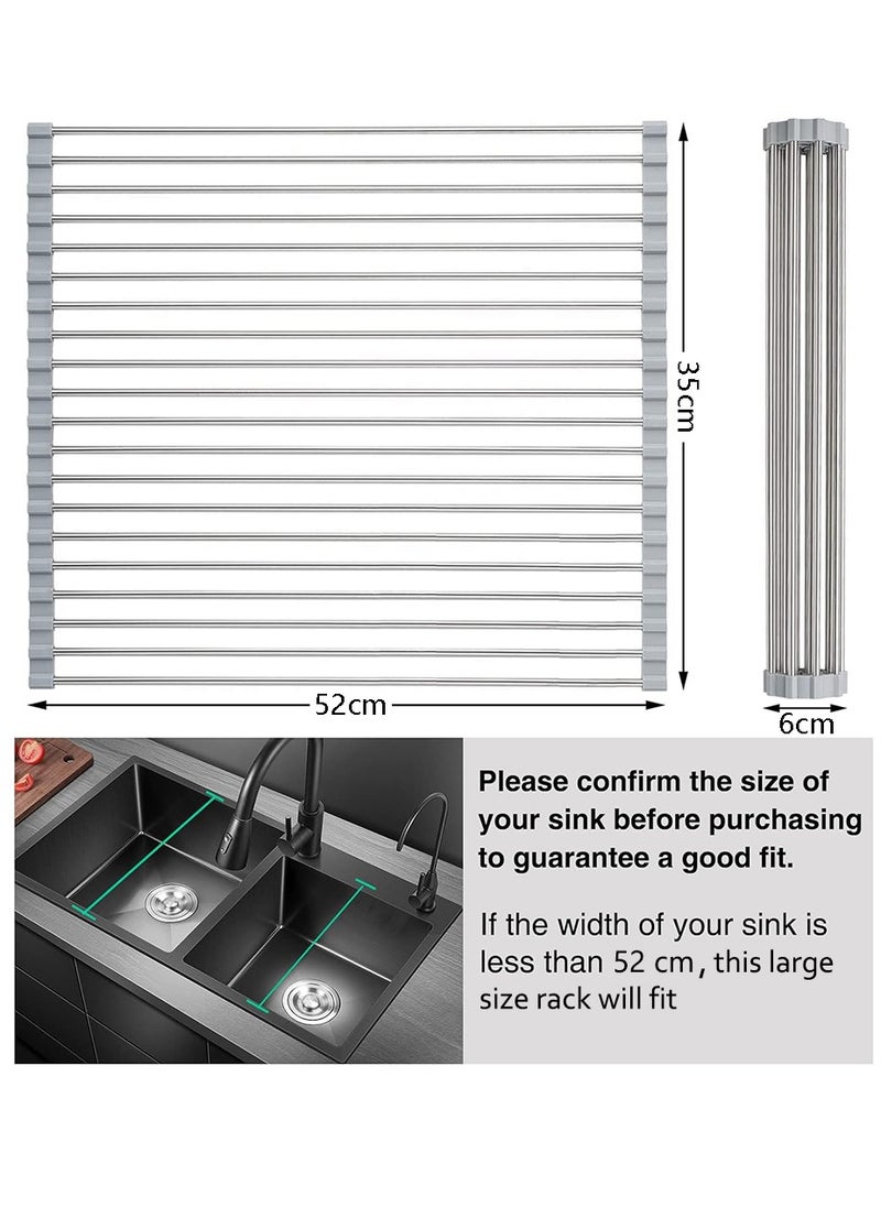 Roll Up Dish Drying Rack, Stainless Steel Over The Sink Drainer Rack with Roller Shutter Design, Foldable Sink Rack for Kitchen Sink Counter (Grey)