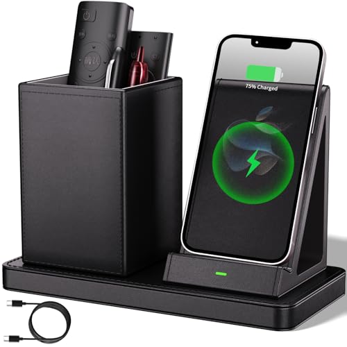 LADSTAG MultiFunctional Pen Holder for DeskBlack Vegan Leather Desk Organizers with Remote Control HolderPencil Holder for DeskDesk Organizer with Phone Wireless Charger for OfficeNightstandEndtable - Image 1