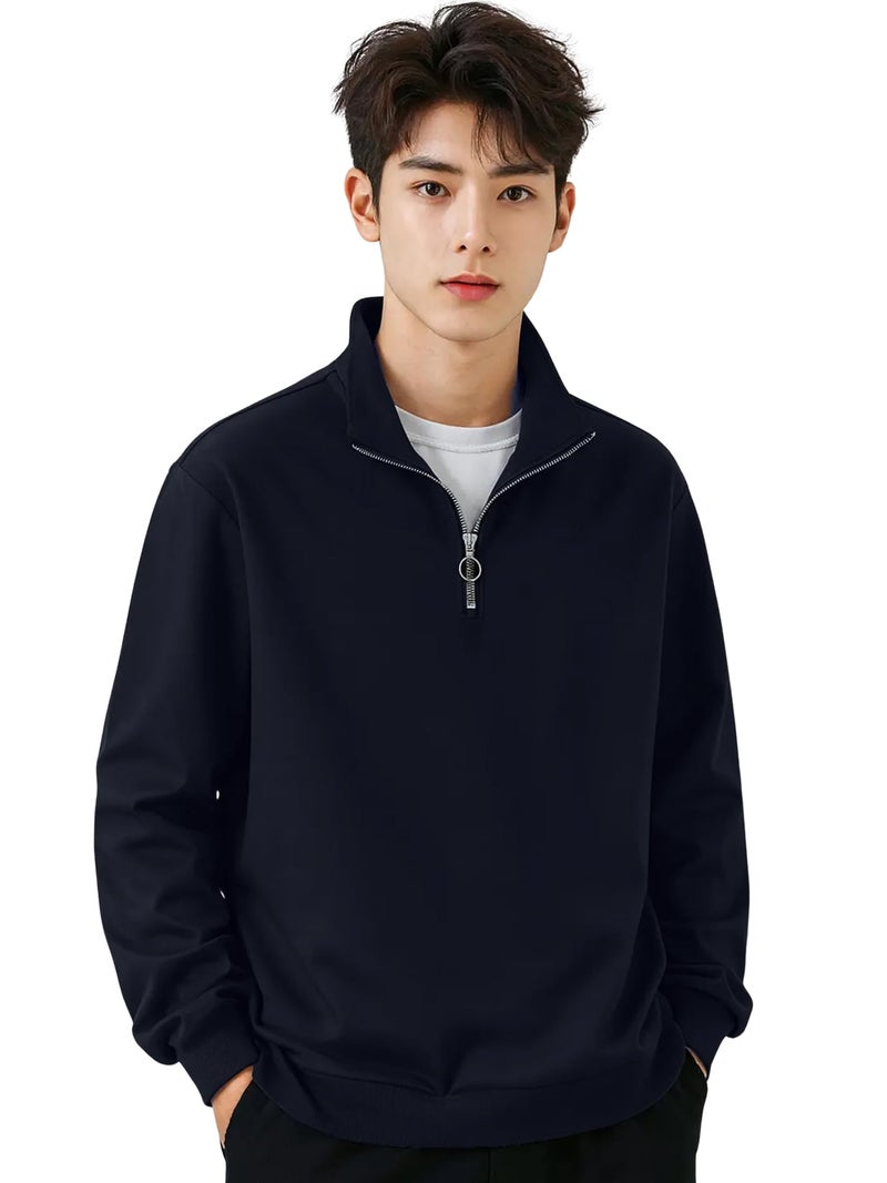 Jump Cuts Mens Solid Henley Neck Full Sleeve Navy Half Zipper LoopKnit Sweatshirt - Image 1