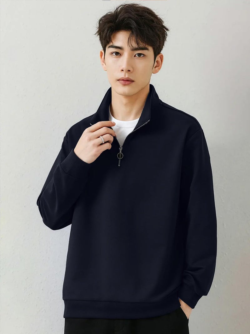 Jump Cuts Mens Solid Henley Neck Full Sleeve Navy Half Zipper LoopKnit Sweatshirt - Image 3