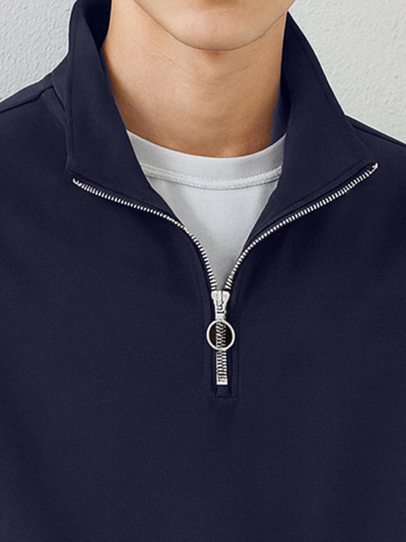 Jump Cuts Mens Solid Henley Neck Full Sleeve Navy Half Zipper LoopKnit Sweatshirt - Image 5