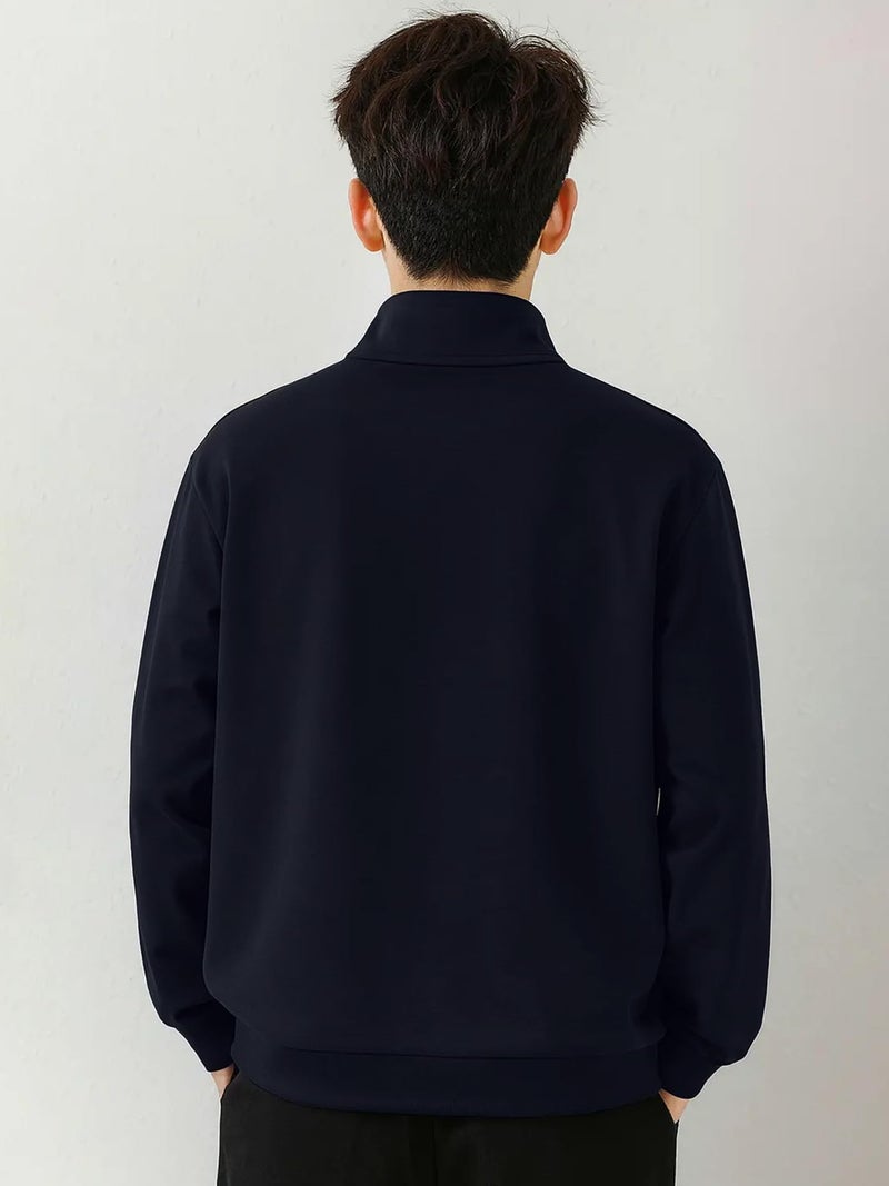 Jump Cuts Mens Solid Henley Neck Full Sleeve Navy Half Zipper LoopKnit Sweatshirt - Image 4