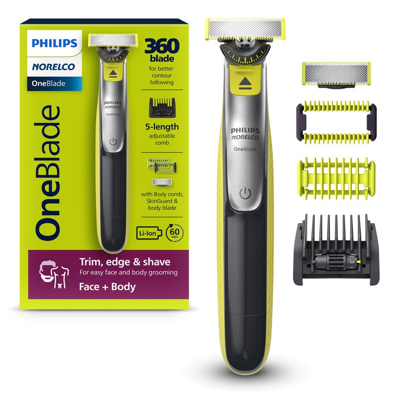 Norelco Philips Norelco OneBlade 360 Hybrid Face  Body Electric Beard Trimmer Shaver and Body Groomer with 360 Blade Technology 1x 360 Blade for Face 5in1 Adjustable Comb 1x Body Kit Model QP283470 