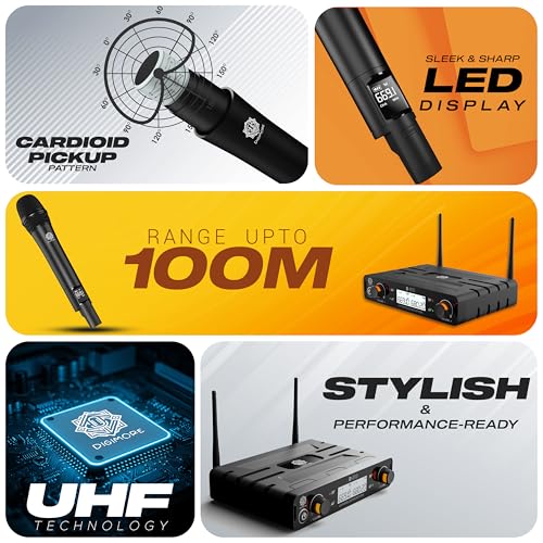 DIGIMORE Dual Wireless Microphone System | 324ft Range | Metal Body | Cardioid Pickup | XLR Bal + 6.35mm UnBal Outs | for Singing, Live Events, Church, DJ & Karaoke (D-310 Pro) - Image 2