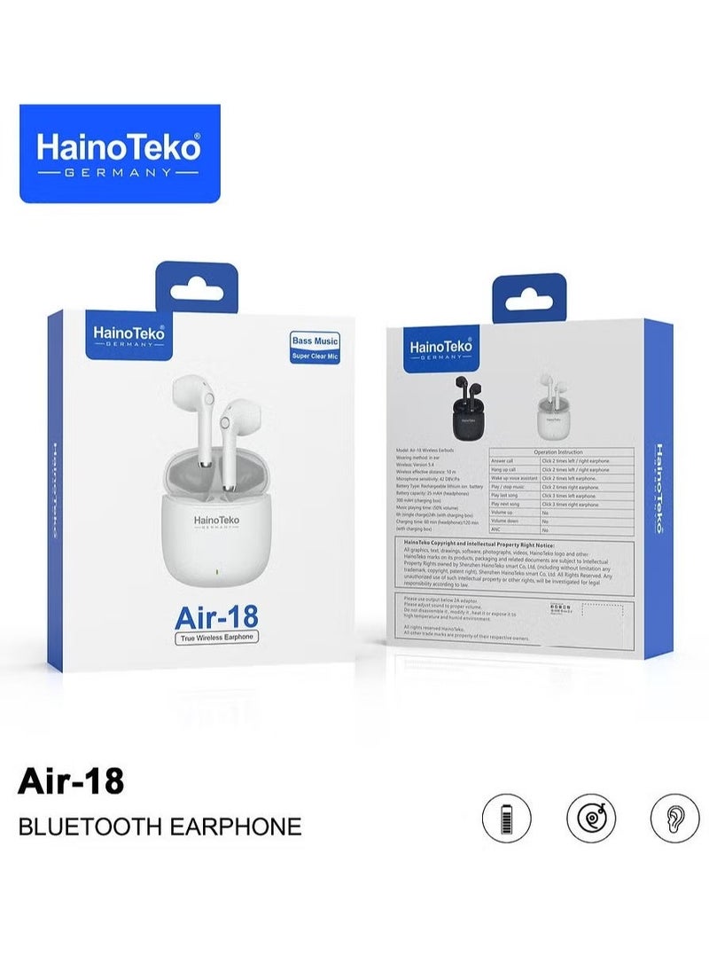 Haino Teko Air 18 True Wireless Earphones with Super Clear Microphone, Multi-Functional Touch Control – Designed for iPhones and iPads – High-Quality Sound, Comfortable Fit, and Seamless Connectivity – White - Image 5