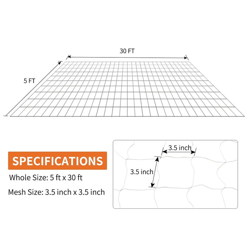 Tcamp Heavy-Duty Polyester Garden Trellis Net Plant Support Netting for Climbing Plants Outdoor, Flexible String Net for Bean Pea, White Grow Tent (5Ft x 30Ft, 3.5" Opening Mesh, 1 Pack) - Image 2