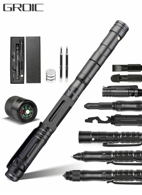 13 IN 1 Tactical Pen Multitool Pen Gear EDC Survival Pen LED Flashlight Multitool Pen Cool Gadgets with Compass, window hammer, flint, screwdriver, whistle, etc