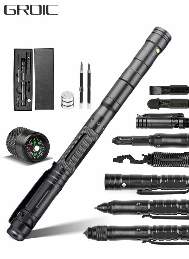 GROIC - 13 IN 1 Tactical Pen Multitool Pen Gear EDC Survival Pen LED Flashlight Multitool Pen Cool Gadgets with Compass, window hammer, flint, screwdriver, whistle, etc - Image 1