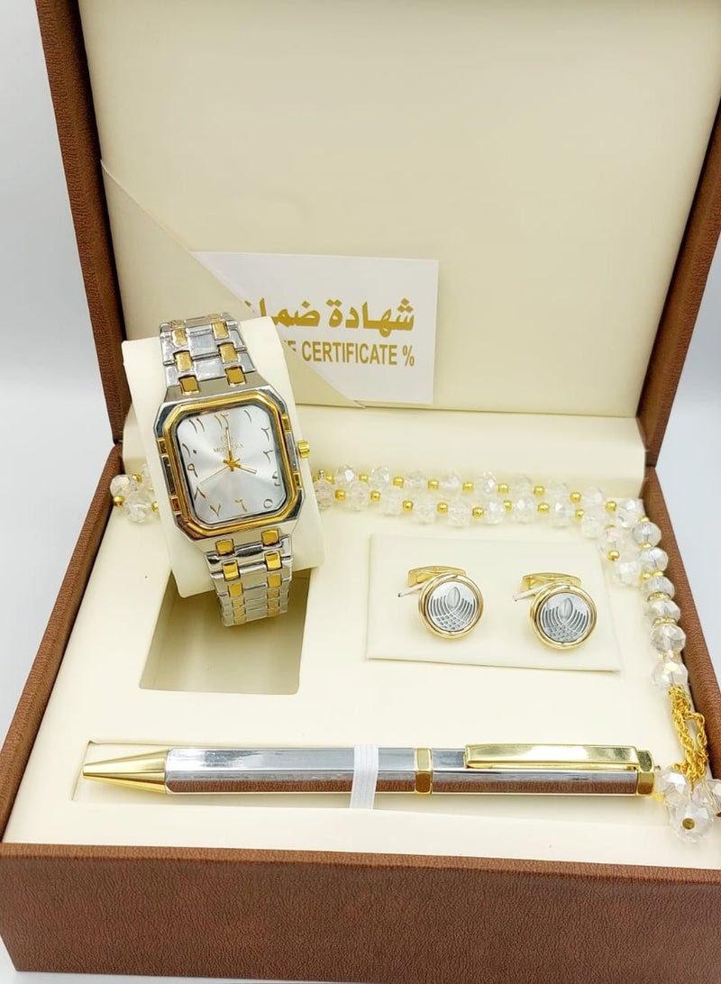 مونتيرا طقم رجالي مكون من ٤ قطع ساعة وقلم وكبك وسبحه