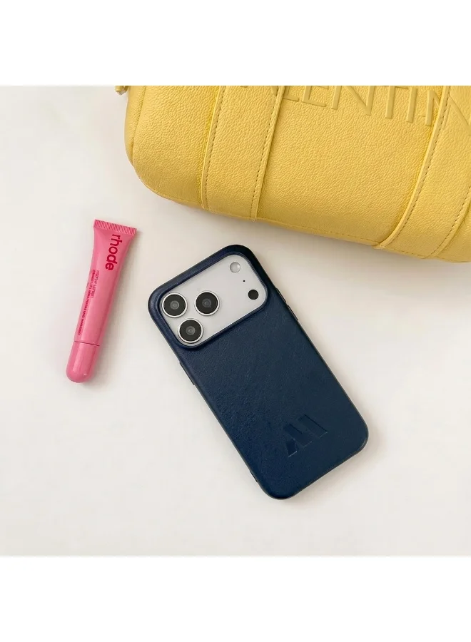 Mobcos  Premium Hybrid Leather Texture Protective Case for iPhone 17 Pro Max | Shockproof | Wireless Charging Compatible | Scratch Resistant | Navy Blue  | Best Price UAE
