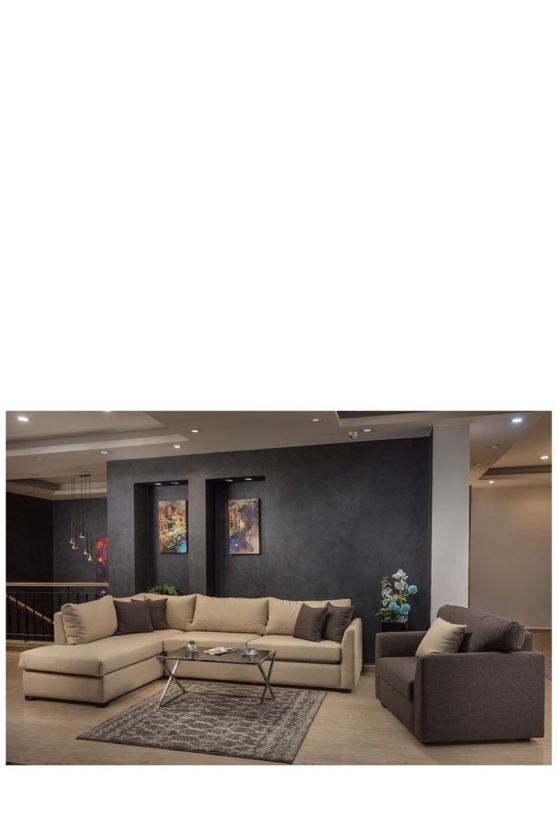 ركنة مودرن حرف L مع فوتيه – قماش كتان وخشب زان – مقاس 280×180×90 سم - Image 1