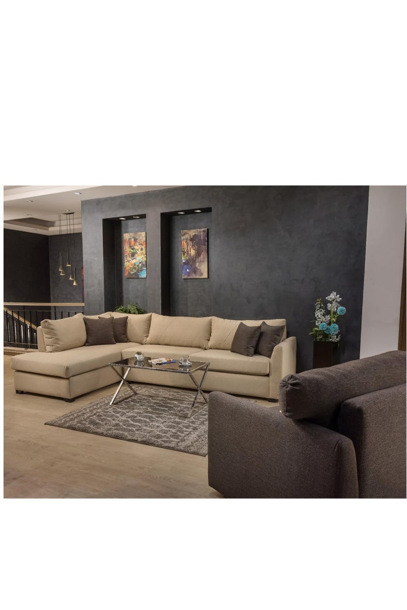 ركنة مودرن حرف L مع فوتيه – قماش كتان وخشب زان – مقاس 280×180×90 سم - Image 2