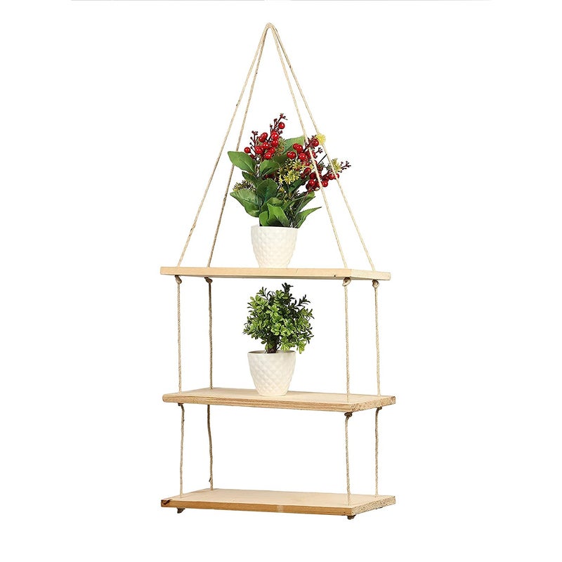 DS Enterprise |Real Pine Wood Floating Shelves, Hanging Swing Rope Shelves, Rustic Wall Decor Swing Shelf, Wall Shelves for Living Room/Home/Office Decor (3 Tier, 12 x 5 in) - Image 1
