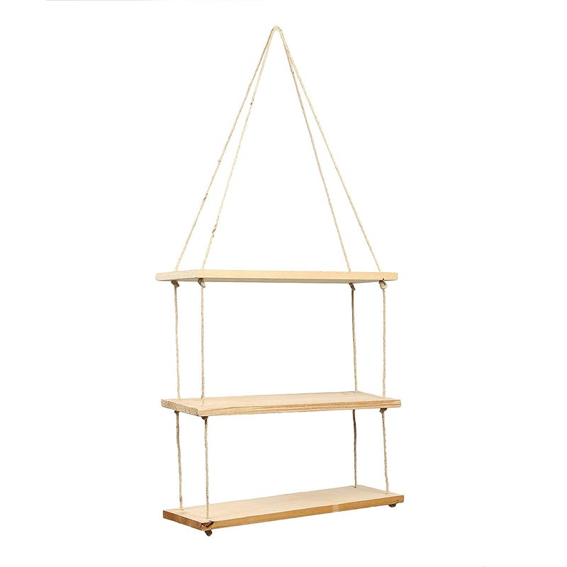 DS Enterprise |Real Pine Wood Floating Shelves, Hanging Swing Rope Shelves, Rustic Wall Decor Swing Shelf, Wall Shelves for Living Room/Home/Office Decor (3 Tier, 12 x 5 in) - Image 3