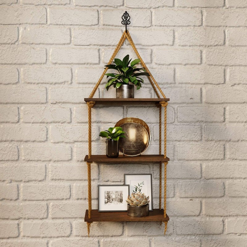 DS Enterprise |Real Pine Wood Floating Shelves, Hanging Swing Rope Shelves, Rustic Wall Decor Swing Shelf, Wall Shelves for Living Room/Home/Office Decor (3 Tier, 12 x 5 in) - Image 4