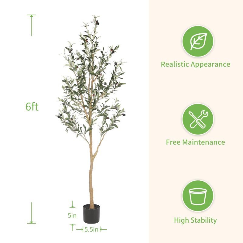 Realead 6ft Artificial Olive Tree, Tall Faux Olive Tree Plants, Fake Potted Olive Silk Tree with Branches and Fruits, Artificial Trees for Modern Home Office Living Room Floor Decor Indoor (72in) - Image 2