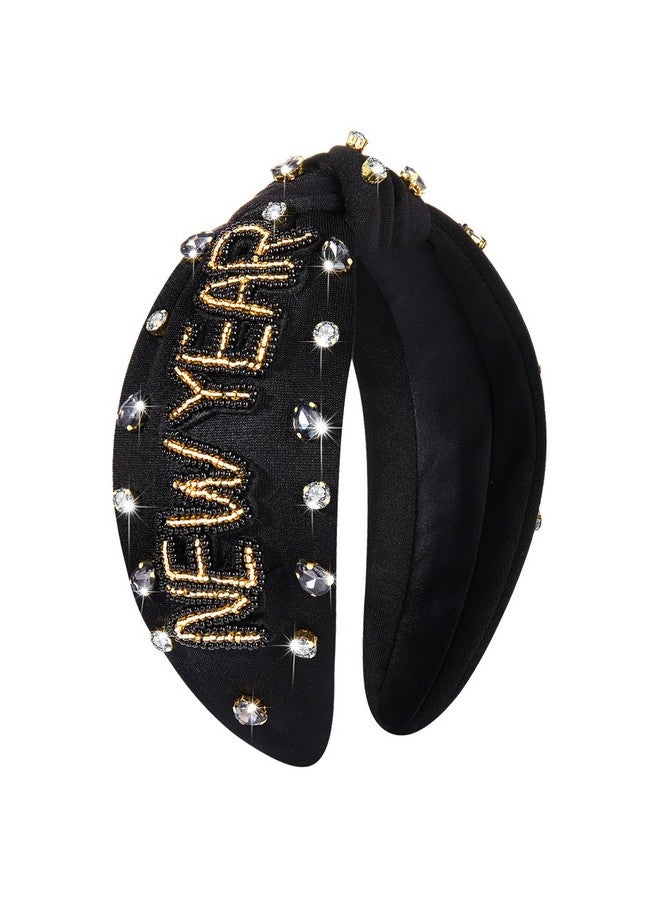 NVENF Happy New Year Headband For Women New Year’S Eve Accessories Gold Beaded Nye New Year Knotted Headband Holiday Rhinestone Jeweled Top Knot Headband New Year Party Headwear Gifts (New Year 2) - Image 1