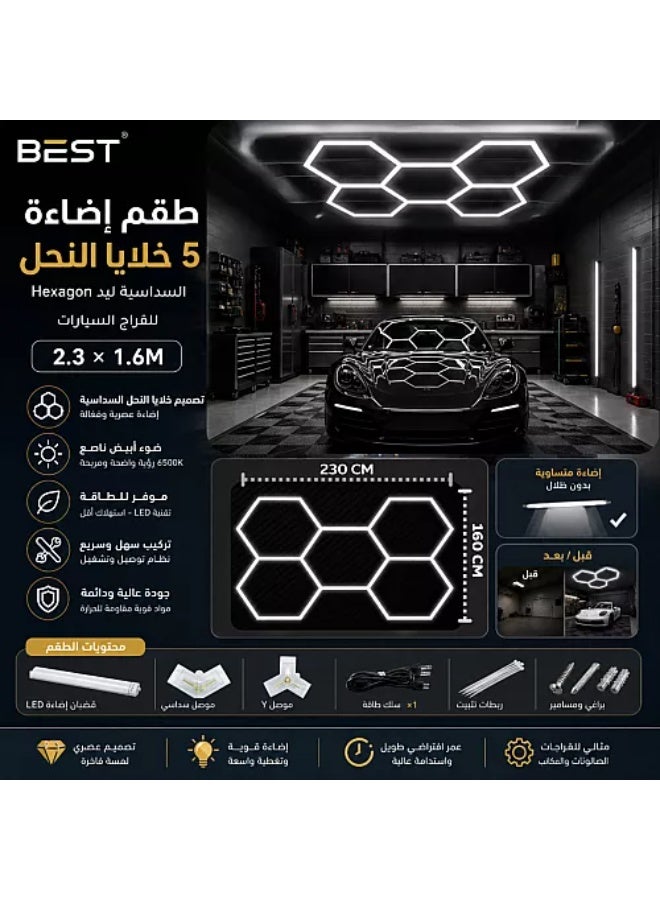 5-Grid Hexagon LED Garage Ceiling Light Kit - White Illumination (2.3m x 1.6m) - Image 1