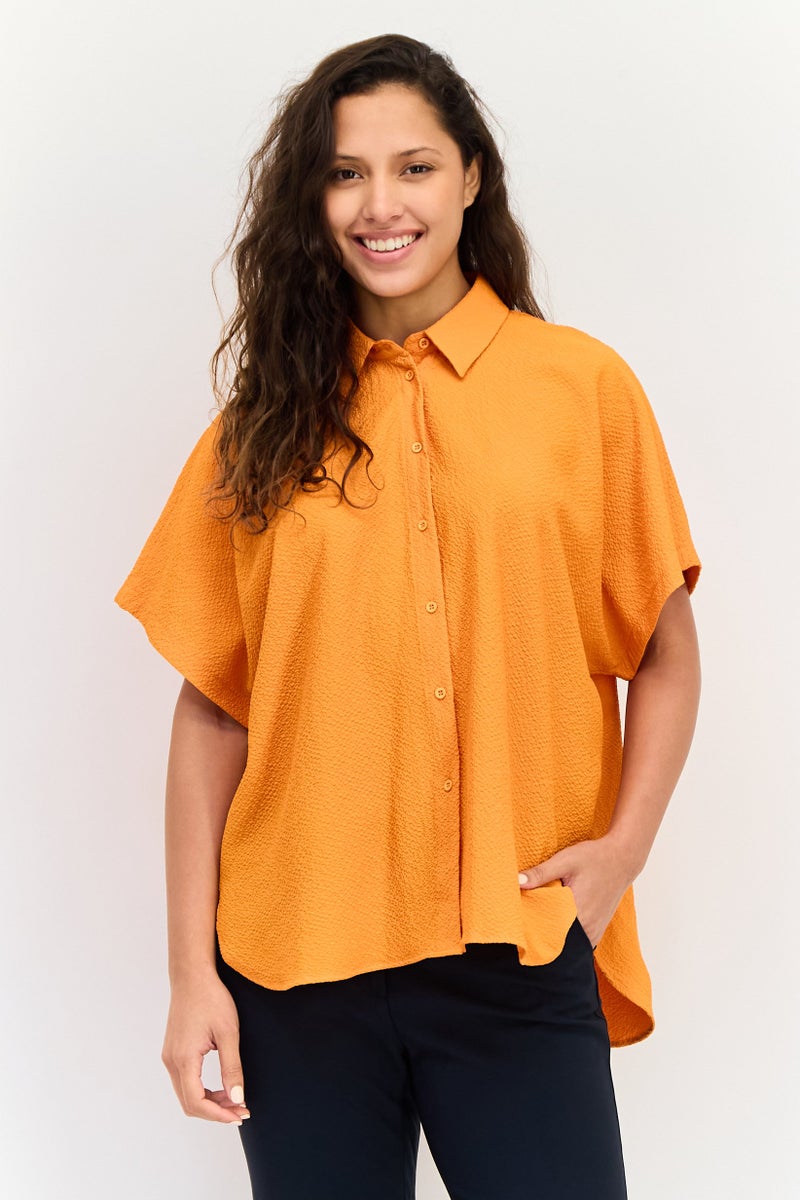 KOTON Women Pointed Collar Short Sleeves Textured Shirt, Orange - Image 1