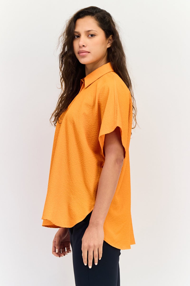 KOTON Women Pointed Collar Short Sleeves Textured Shirt, Orange - Image 2