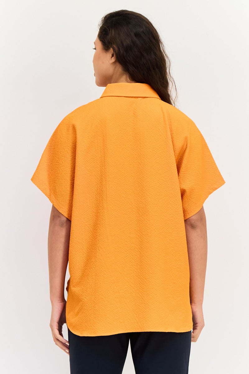 KOTON Women Pointed Collar Short Sleeves Textured Shirt, Orange - Image 3
