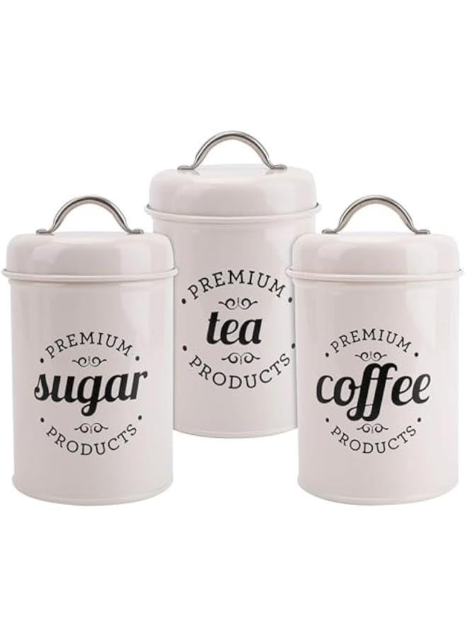 HOOKOR Durku 3 Piece Food Jars Canisters Sets, Metal Vintage Airtight Coffee Container, Coffee Sugar Tea Canister Set with Lid,Rustic Farmhouse Decor for Kitchen (White) - Image 1