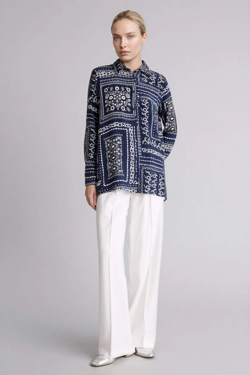 DeFacto Loose Fit Shirt Collar Printed Long Sleeve Tunic