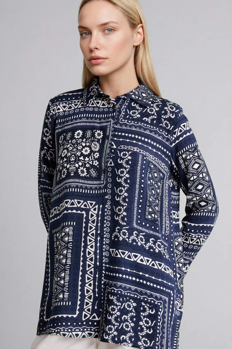 DeFacto Loose Fit Shirt Collar Printed Long Sleeve Tunic