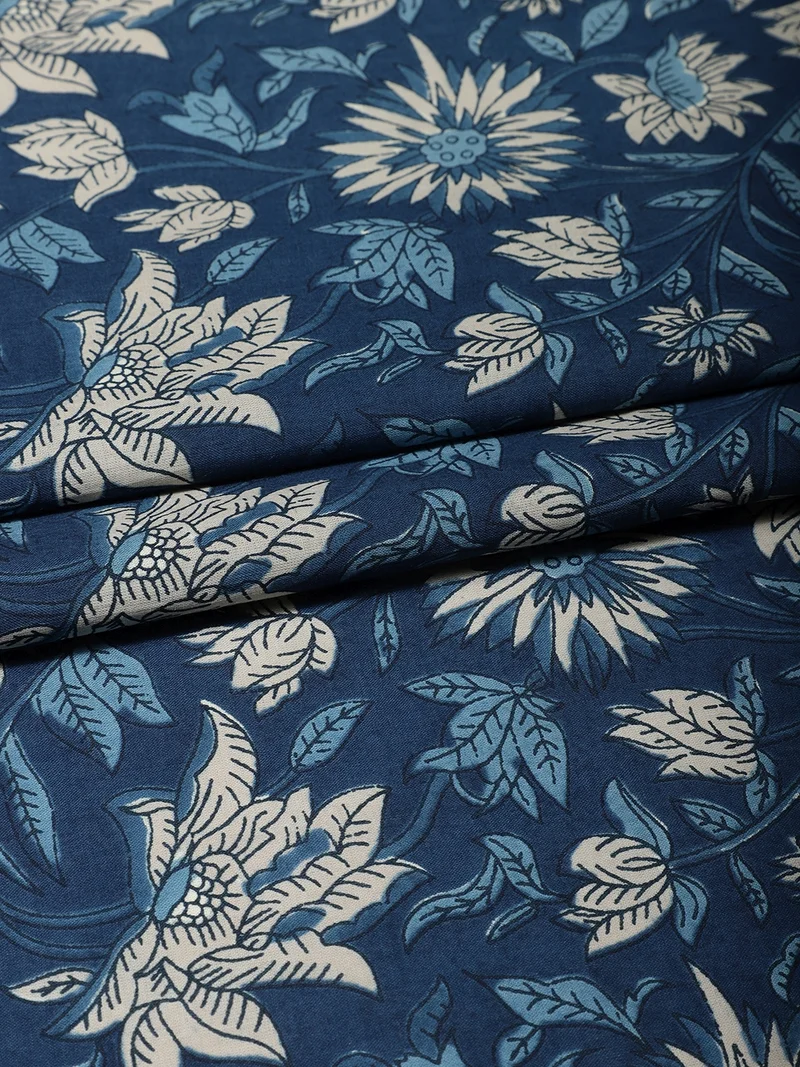 AKS Kalamkari Floral Fabric - Midnight Blue - One Meter