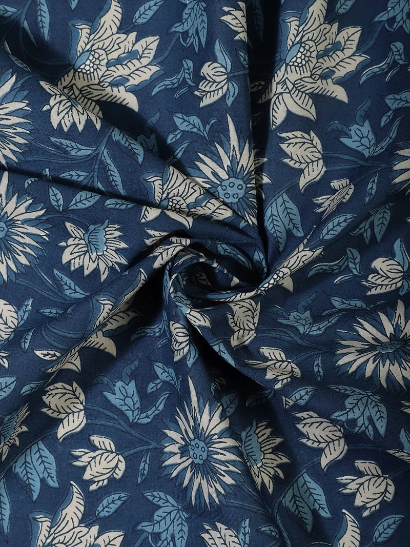 AKS Kalamkari Floral Fabric - Midnight Blue - One Meter