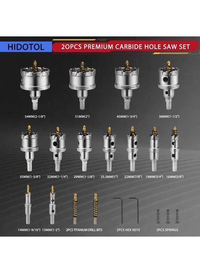 HIDOTOL 20PC TCT Carbide Hole Saw Kit 1/2" - 2-1/8" Tungsten Carbide Drill Bits Set with Titanium Pilot & L-Wrench, for Hard Metal Stainless Steel, Iron, Aluminum with Aluminium Case. - Image 5