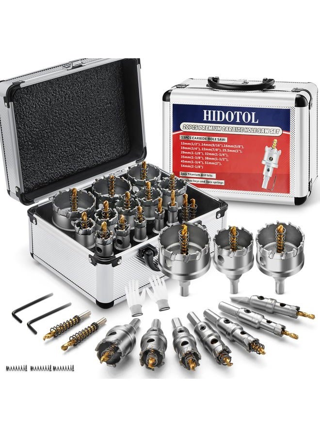 HIDOTOL 20PC TCT Carbide Hole Saw Kit 1/2" - 2-1/8" Tungsten Carbide Drill Bits Set with Titanium Pilot & L-Wrench, for Hard Metal Stainless Steel, Iron, Aluminum with Aluminium Case. - Image 1