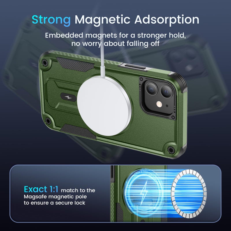 Caka for iPhone 11 Case, iPhone 11 Phone Case [Compatible with Magsafe] [Built-in Invisible Stand] [Heavy Duty Drop Protection] Shockproof Rugged Protective Magnetic Cover Accessories Green - Image 3