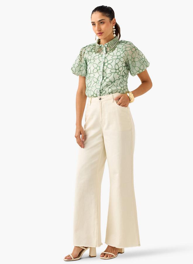 2Xtremz Floral Embroidered Shirt with Button Closure and Puff Sleeves - Image 2