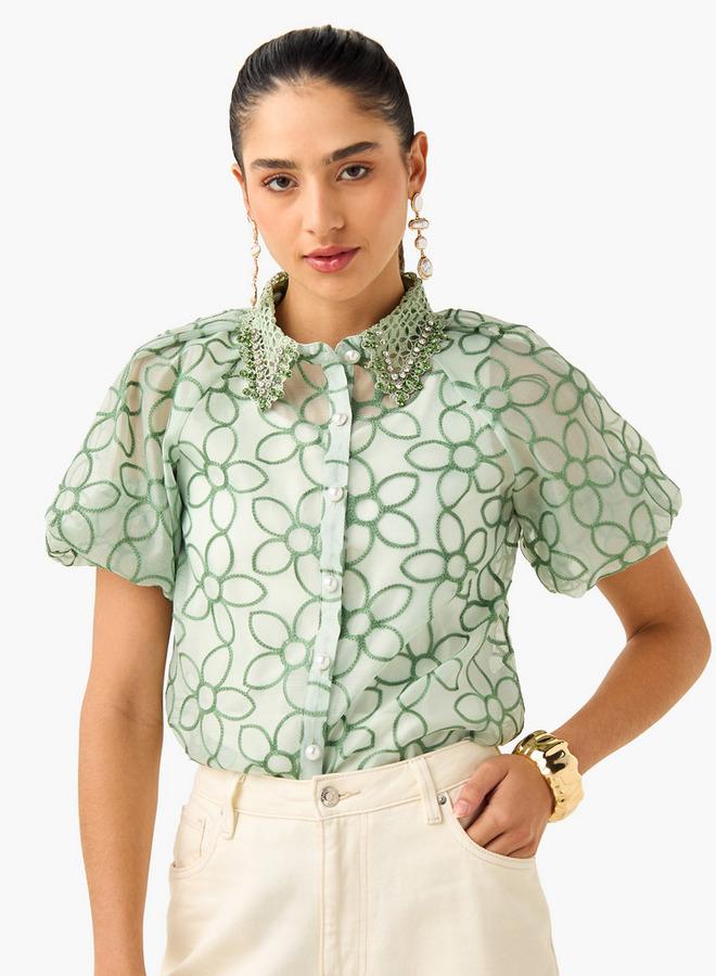 2Xtremz Floral Embroidered Shirt with Button Closure and Puff Sleeves - Image 1