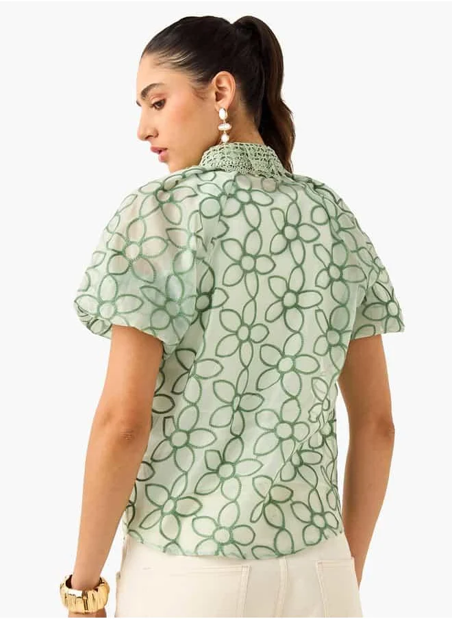 2Xtremz 2Xtremz Floral Embroidered Shirt with Button Closure and Puff Sleeves