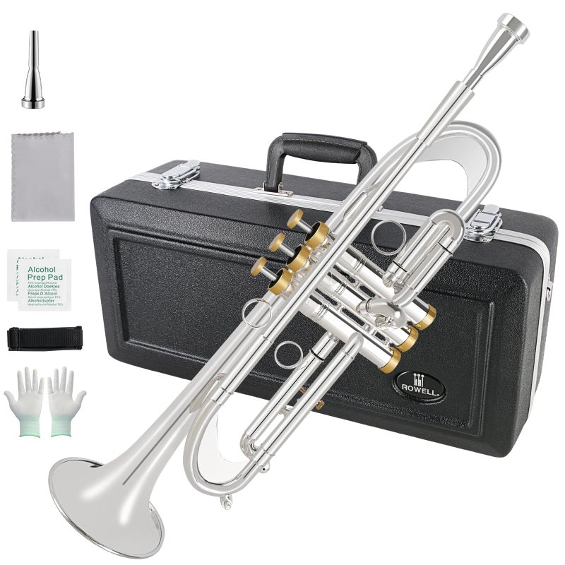 ROWELL Bb Trumpet Professional Trumpet for Student Brass Instruments Standard Trumpets Set with Professional Trumpets Box Cleaning KitOriginal 7C trumpet Mouthpiece Cloth and Gloves Silver