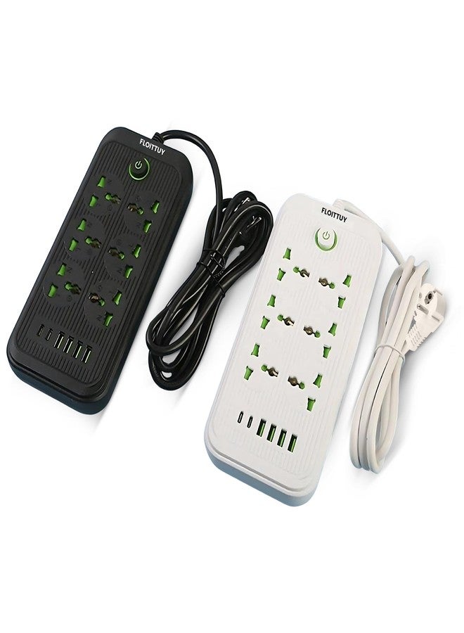 FLOITTUY لوحة توزيع كهربائية متعددة المنافذ | 6 منافذ مزودة بمنافذ USB ومنافذ طاقة من النوع C | قدرة خرج 2500 واط، كابل طويل، خيار التثبيت على الحائط | شريط طاقة مزود بحماية من زيادة التيار | محول سفر (أسود/أبيض) - Image 1