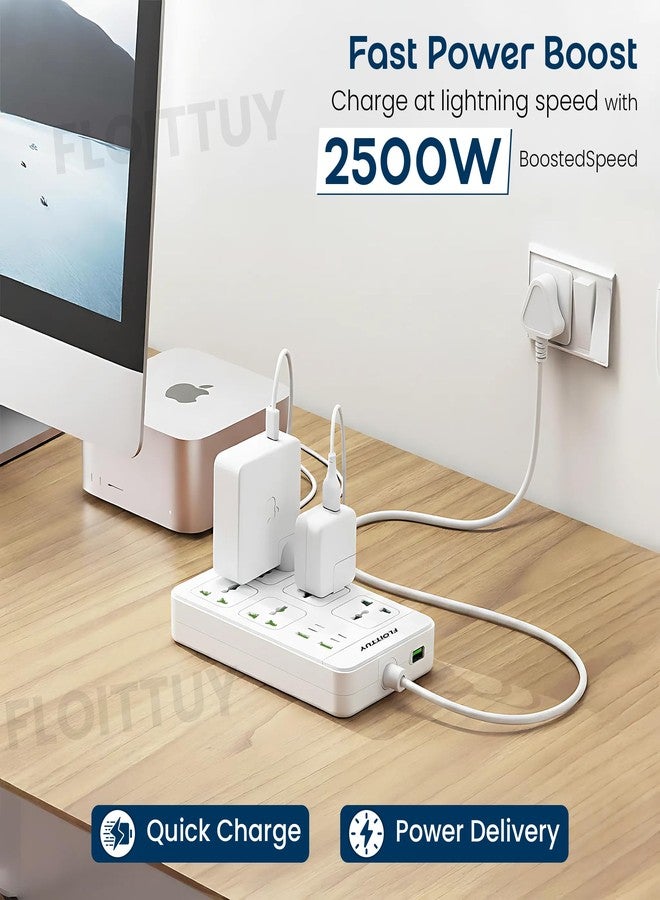 FLOITTUY لوحة توزيع كهربائية متعددة المنافذ | 6 منافذ مزودة بمنافذ USB ومنافذ طاقة من النوع C | قدرة خرج 2500 واط، كابل طويل، خيار التثبيت على الحائط | شريط طاقة مزود بحماية من زيادة التيار | محول سفر (أسود/أبيض) - Image 2